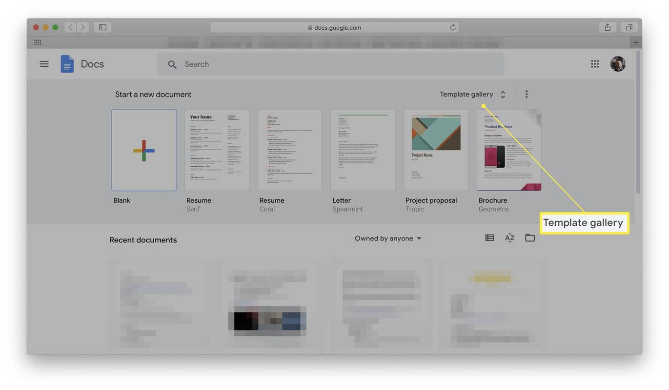 Google Docs avec la galerie de modèles mis en surbrillance