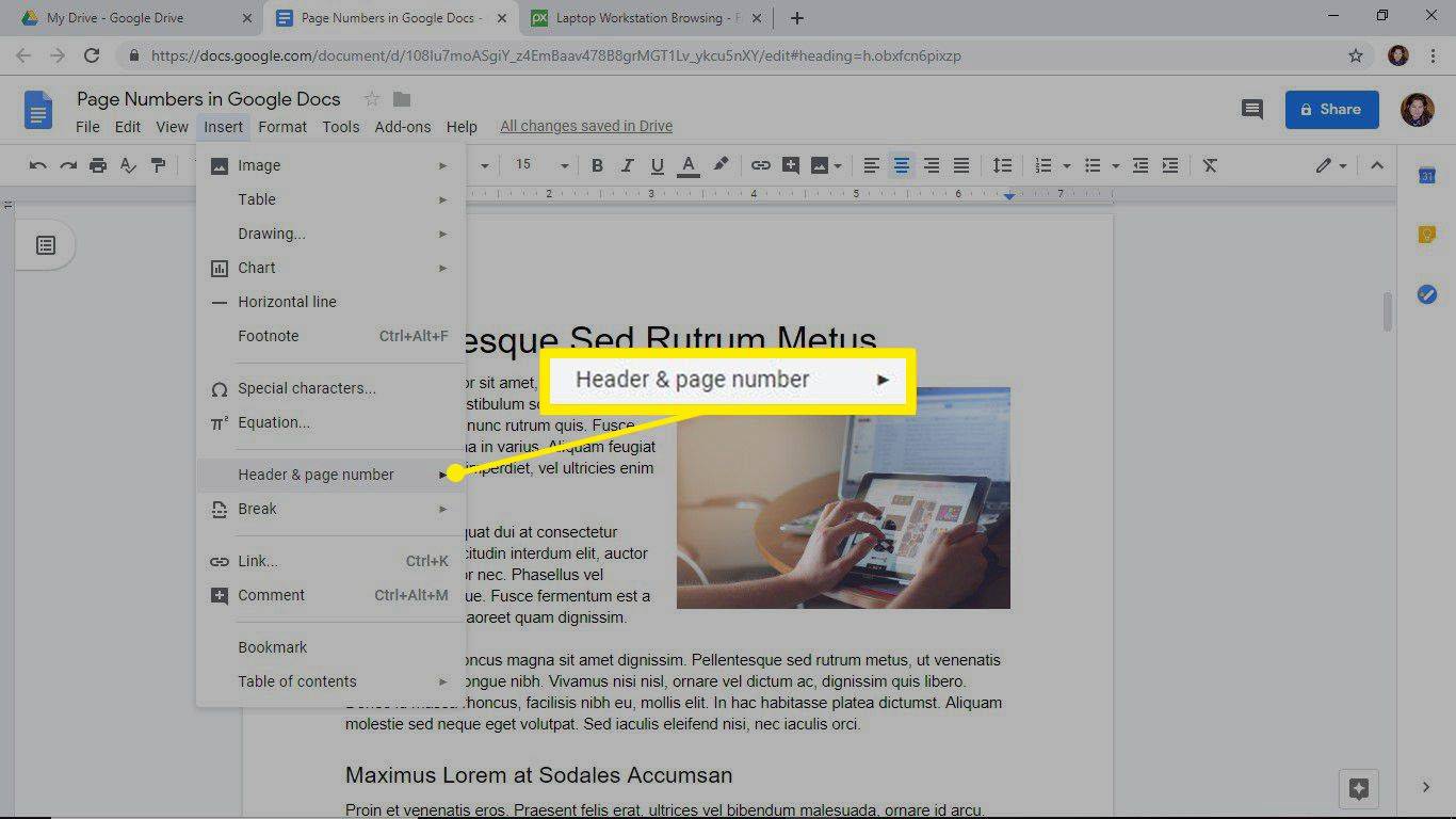 Sett inn-fanen i Google Dokumenter for å legge til et sidetall på alle sidene i et dokument