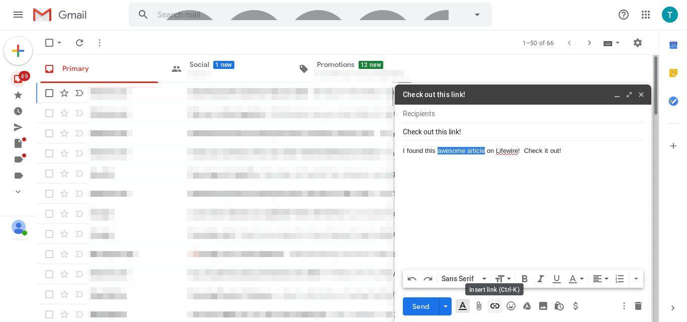 Gmail velg alternativet for å sette inn en kobling