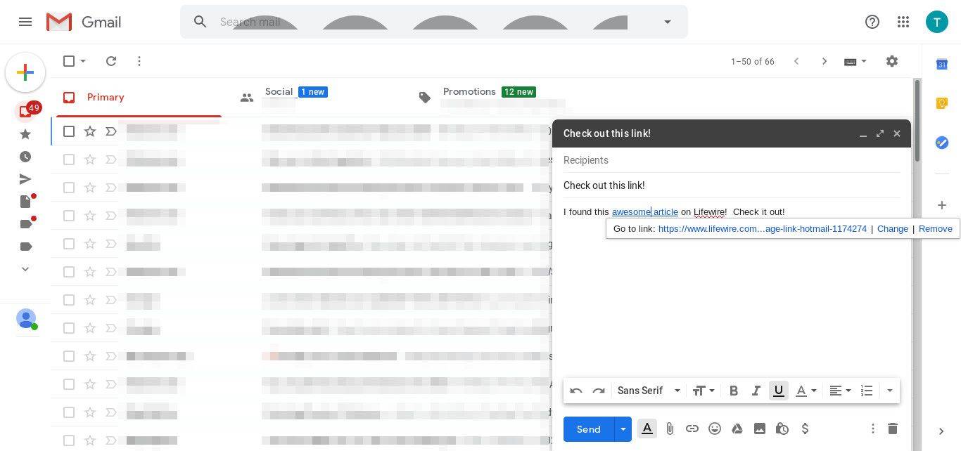 Wiadomość Gmail z dodanym adresem URL