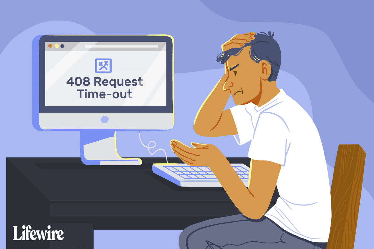 Ilustracja przedstawiająca sfrustrowaną osobę patrzącą na komunikat o przekroczeniu limitu czasu żądania 408 na komputerze
