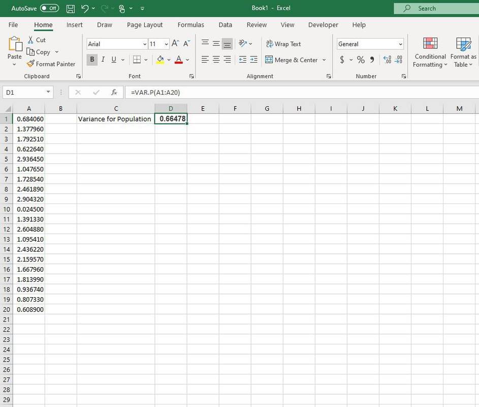 Varians for populasjon i Excel
