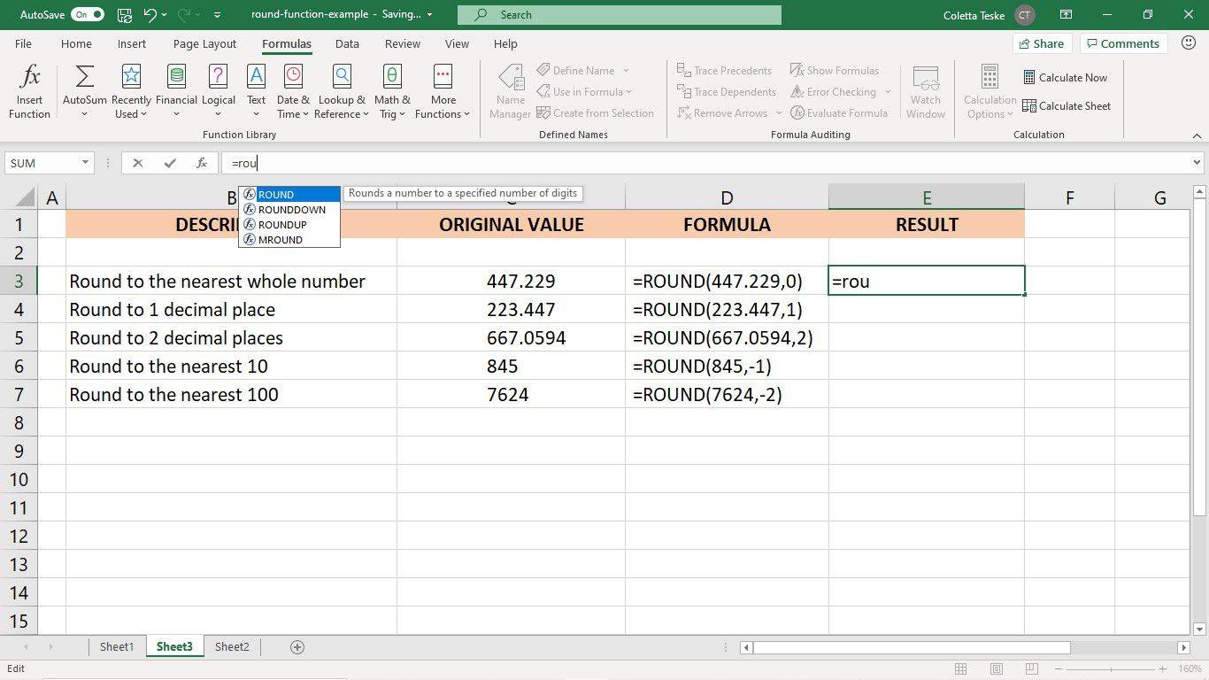 Excel ఫార్ములా బార్‌లో ROUND ఫంక్షన్‌ని నమోదు చేయండి.