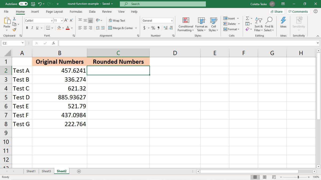 Excel ROUND 함수의 예제 데이터