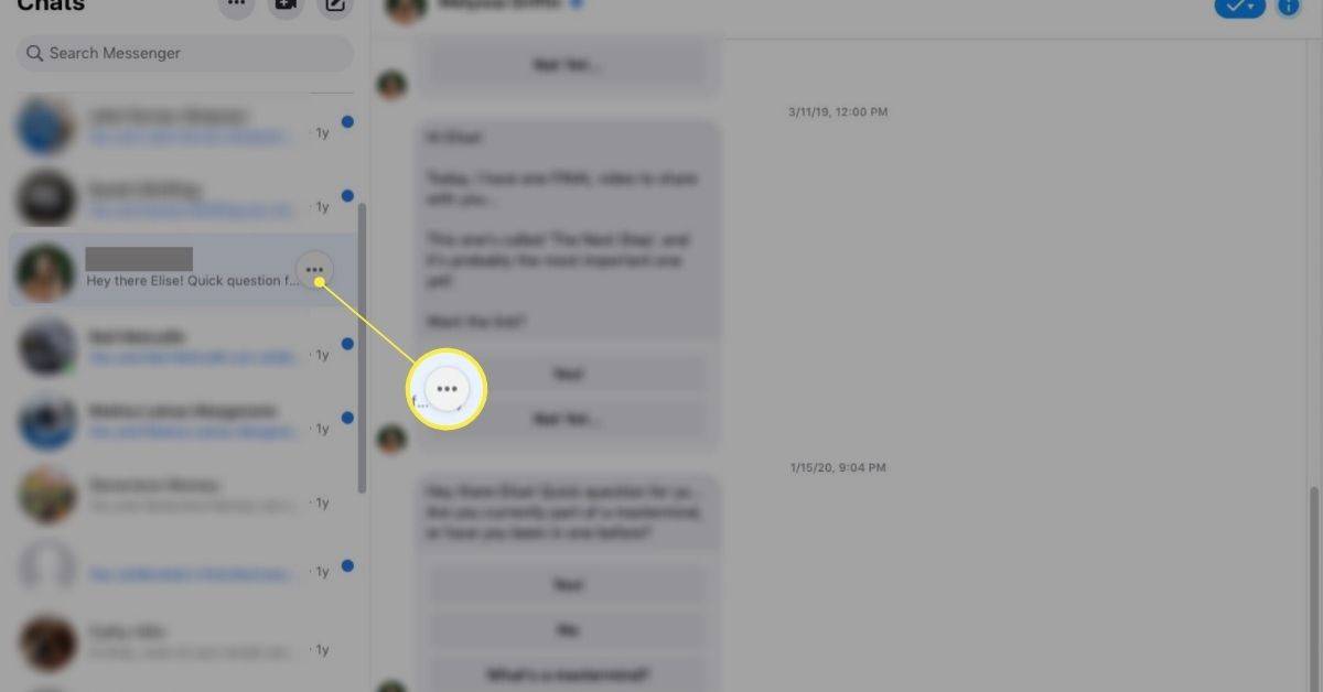 Trzy kropki na czacie w lewym okienku okna Facebook Messenger