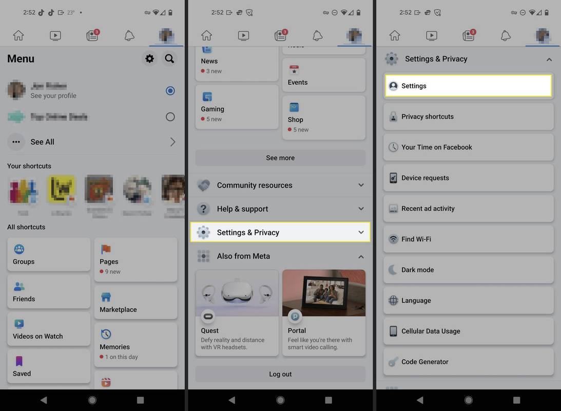Zasloni aktivnosti Facebook Android aplikacije izvan Facebooka s istaknutim relevantnim koracima.