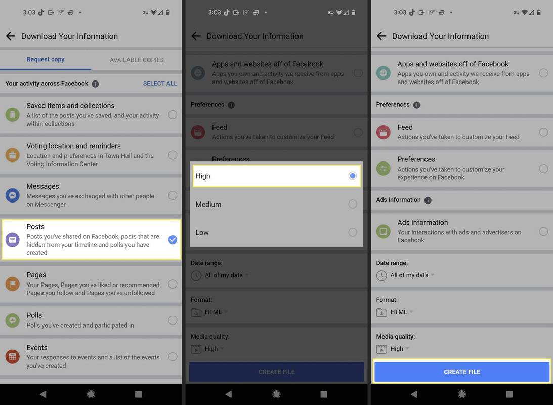 Екрани за изтегляне на вашата информация на приложението Facebook за Android с подчертани подходящи стъпки.