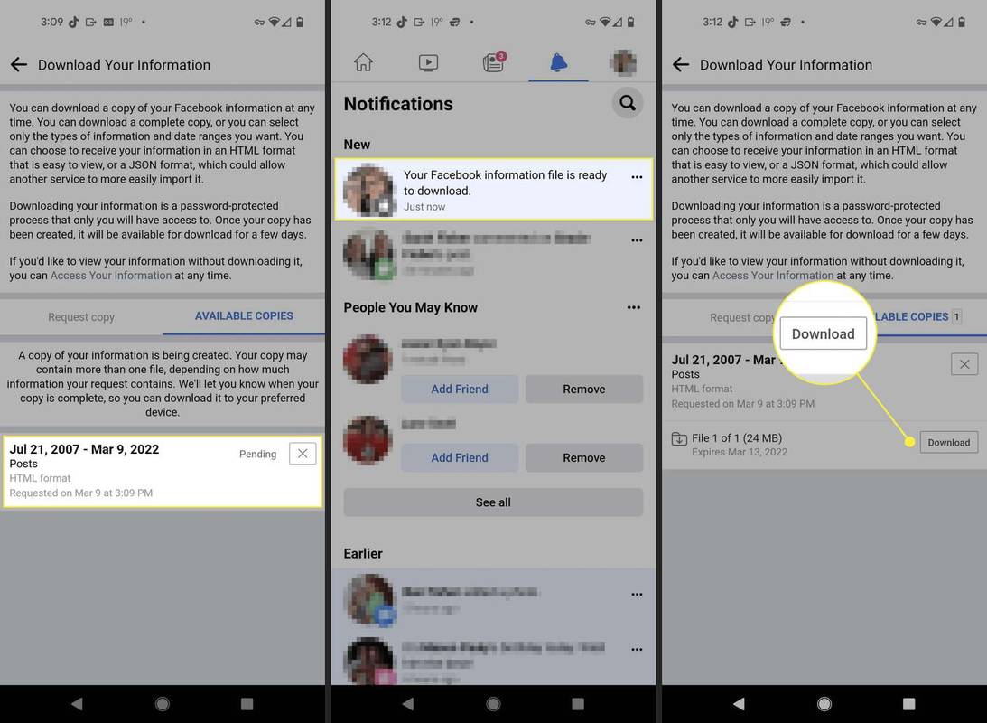 Apl Android Facebook memuat turun skrin maklumat anda dengan langkah yang berkaitan diserlahkan.