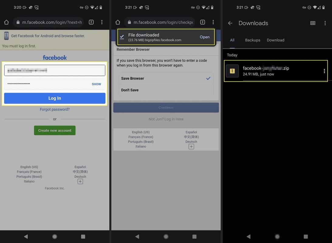 Podświetlona strona logowania do aplikacji Facebook na Androida i monit o pobranie pliku.