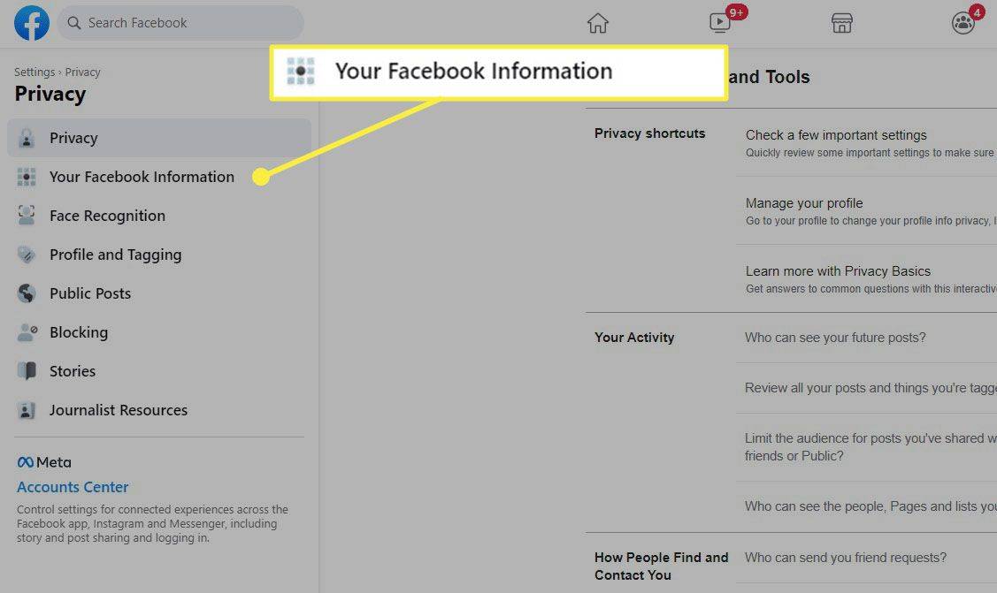Nút Thông tin Facebook của bạn được đánh dấu trong Facebook