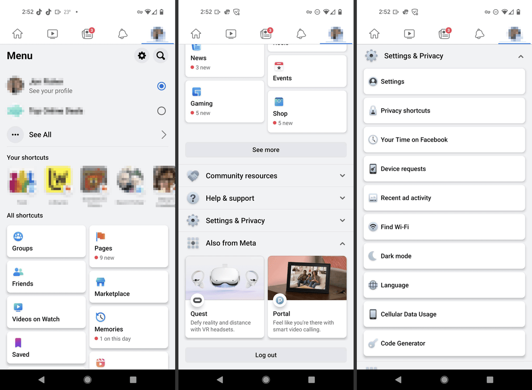 Menú de configuración y perfil de la aplicación Facebook para Android