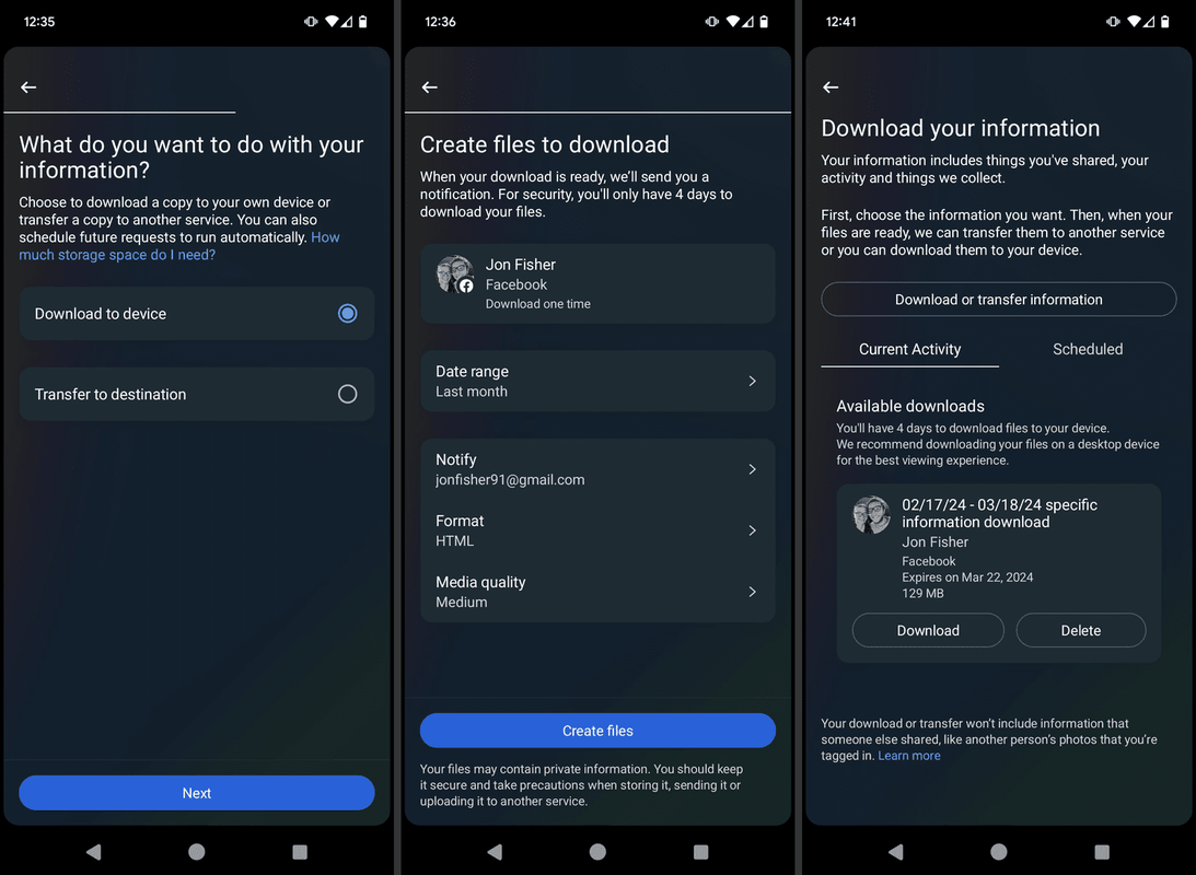 Τα κουμπιά Λήψη στη συσκευή, Δημιουργία αρχείων και Λήψη στην εφαρμογή Messenger για Android