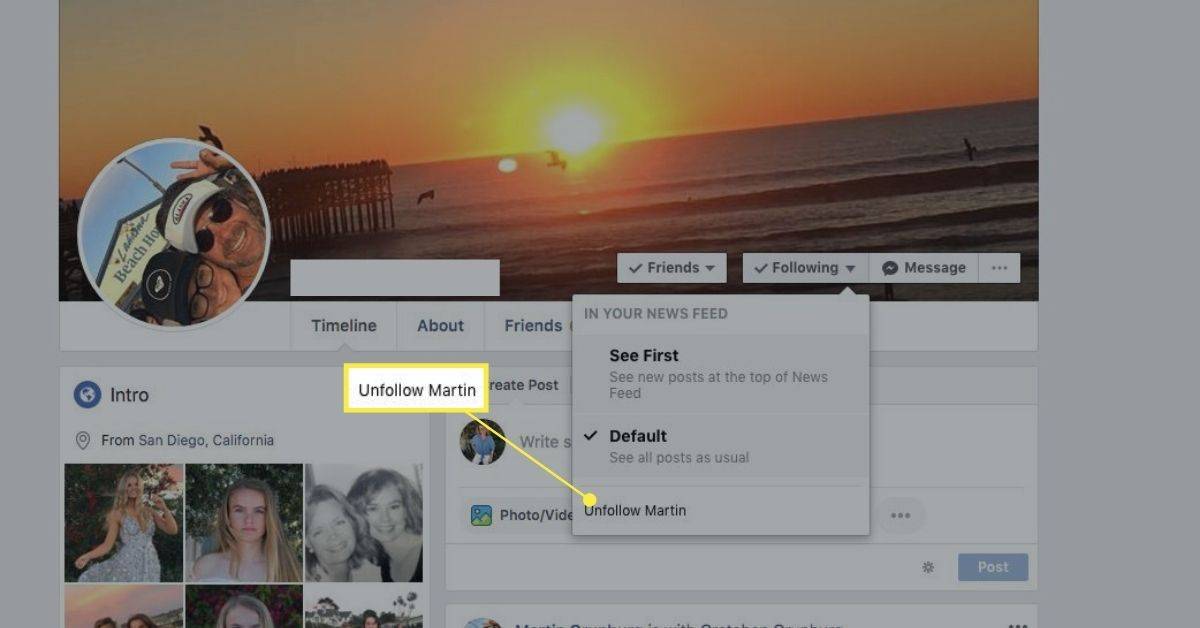 Opsi berhenti mengikuti pada menu Mengikuti di Facebook