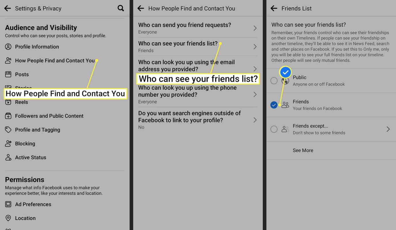 Cómo te encuentran y contactan las personas, quién puede ver tu lista de amigos y una marca de verificación en la aplicación de Facebook