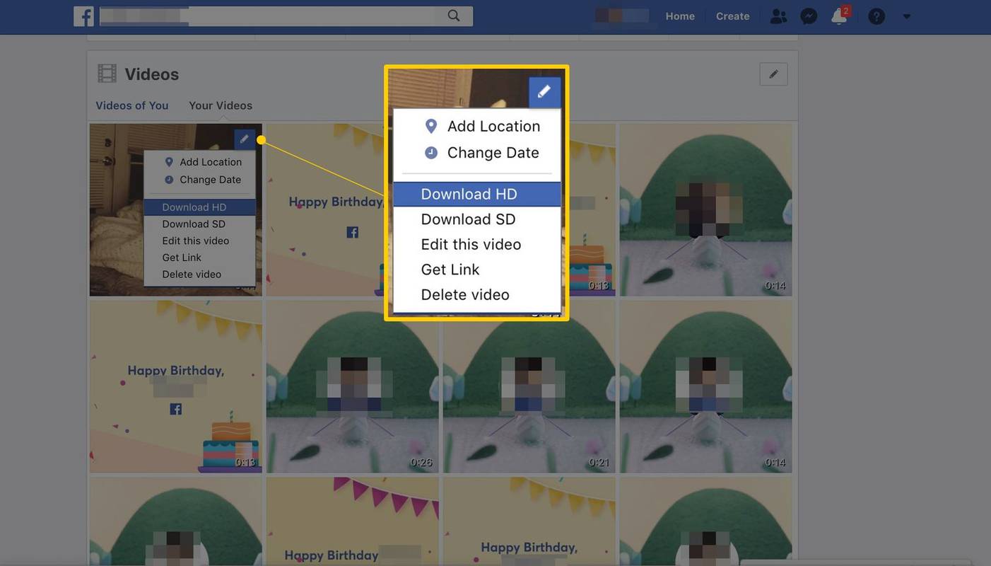 Опции за изтегляне в страницата Вашите видеоклипове във Facebook, включително HD и SD