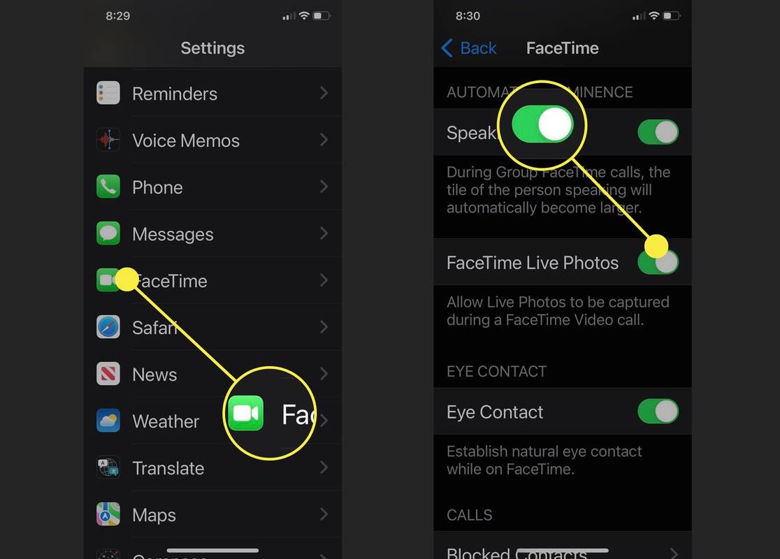 Snímky obrazovky ukazujúce, ako povoliť FaceTime Live Photos v systéme iOS 15.