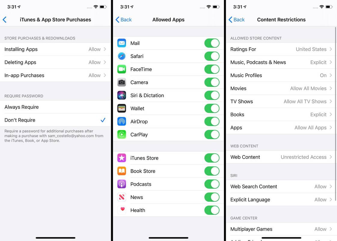 Tangkapan layar menunjukkan izin pembelian, aplikasi yang diizinkan, dan batasan konten di iOS.