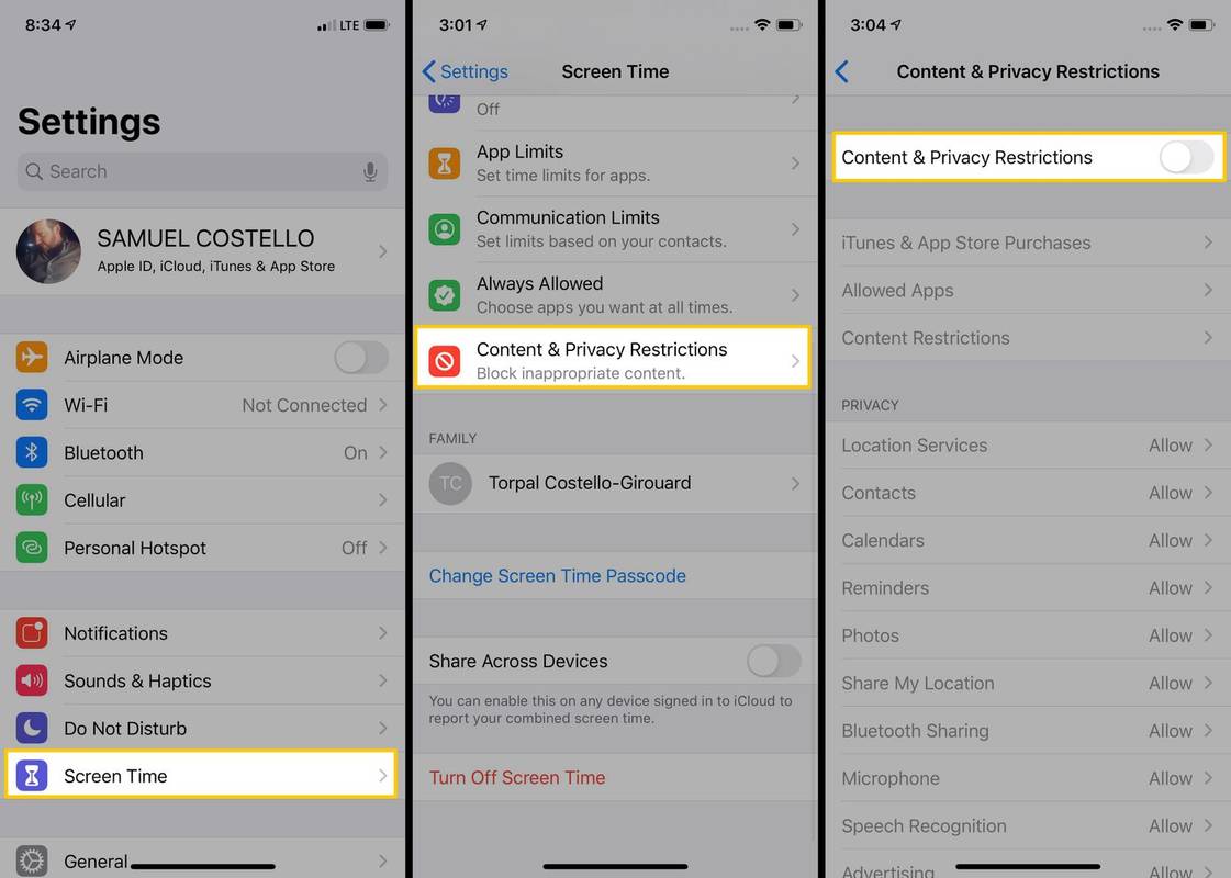 Snímky obrazovky ukazující, jak přepnout na omezení obsahu a soukromí v systému iOS.