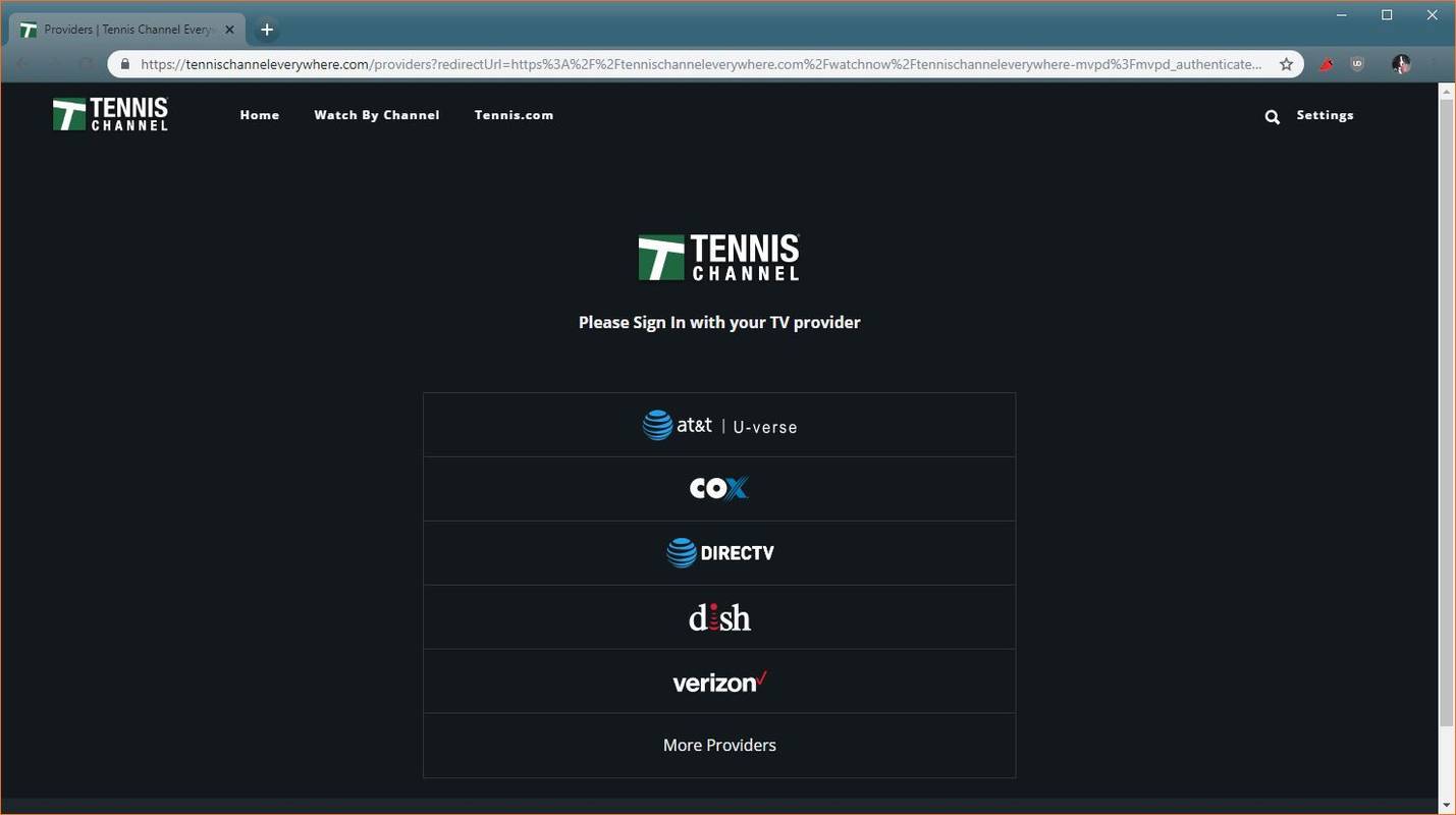 Kuvakaappaus Tennis Channel -palveluntarjoajan valintasivulta.