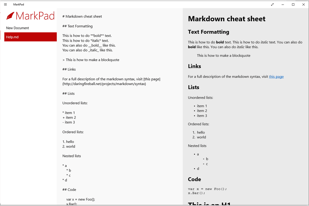 MD-fil åben i MarkPad i Windows 10