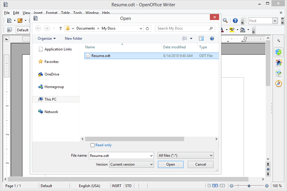 Ekraanipilt, mis näitab, kuidas OpenOffice Writeriga ODT-faili avada