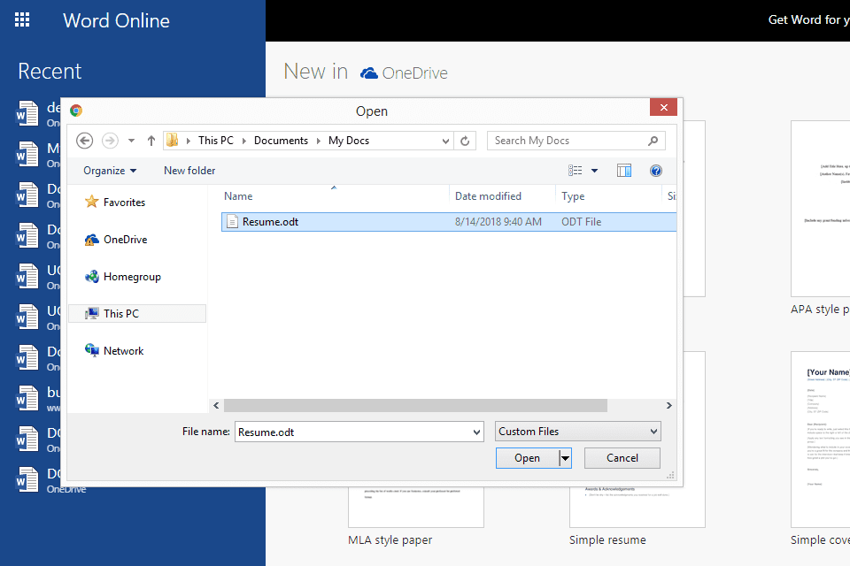 Screenshot, der zeigt, wie man mit Word Online eine ODT-Datei öffnet