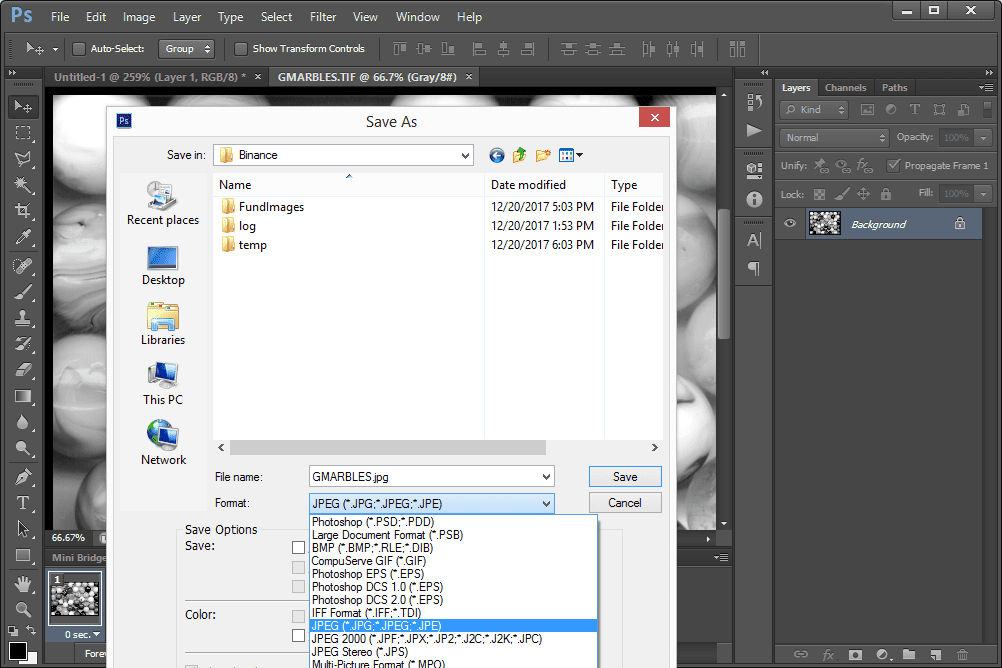 Στιγμιότυπο οθόνης που δείχνει πώς να μετατρέψετε το TIF σε JPG χρησιμοποιώντας το Photoshop