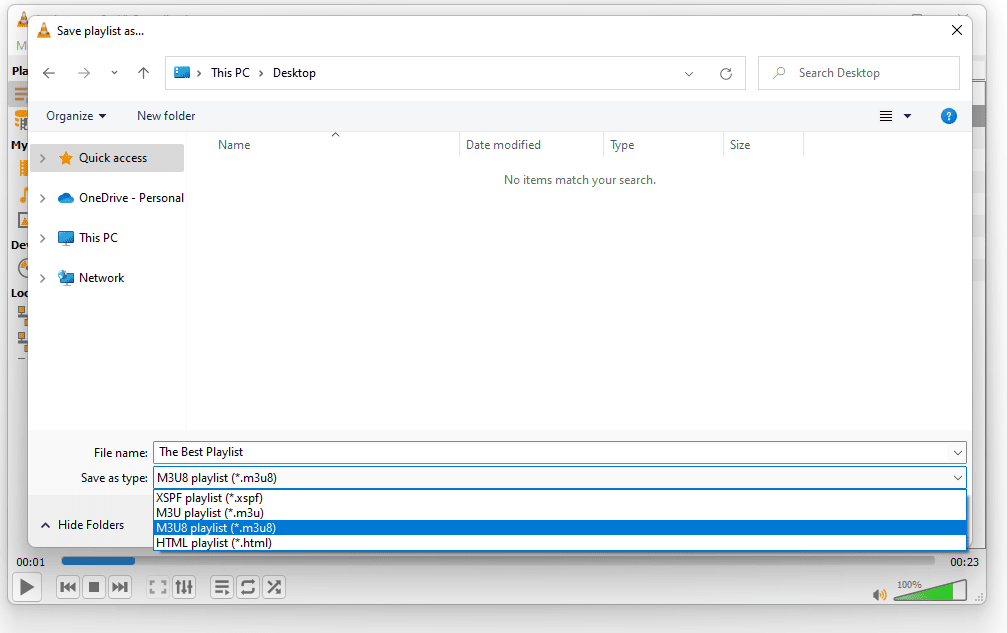 Salva la playlist come richiesto in VLC