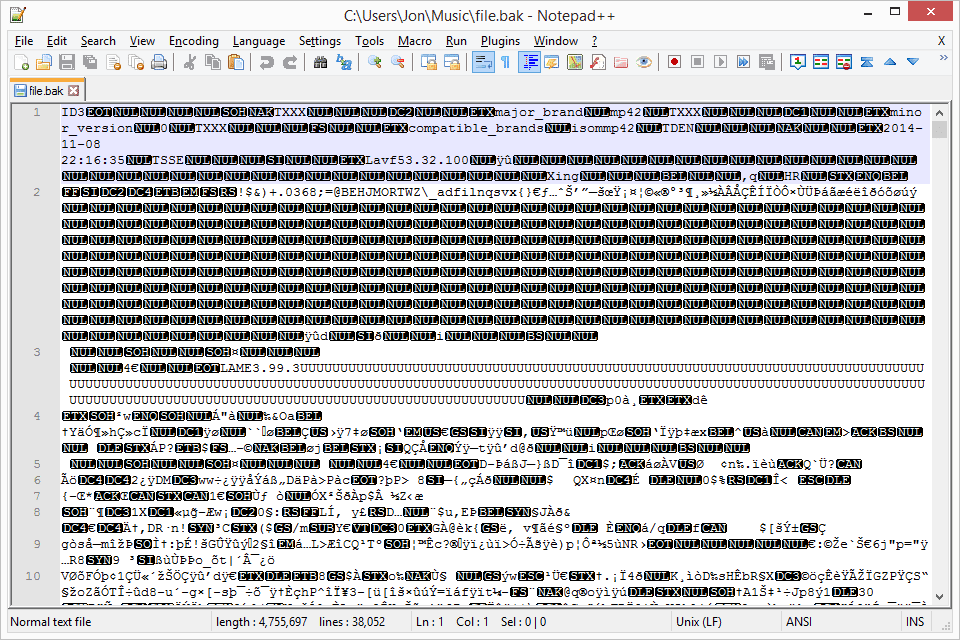 Programmā Notepad++ atvērts BAK fails, kurā redzams ID3 teksts