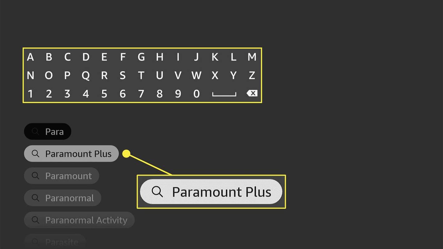 Oblast pro zadávání textu a Paramount Plus zvýrazněné ve vyhledávání Fire TV Stick.