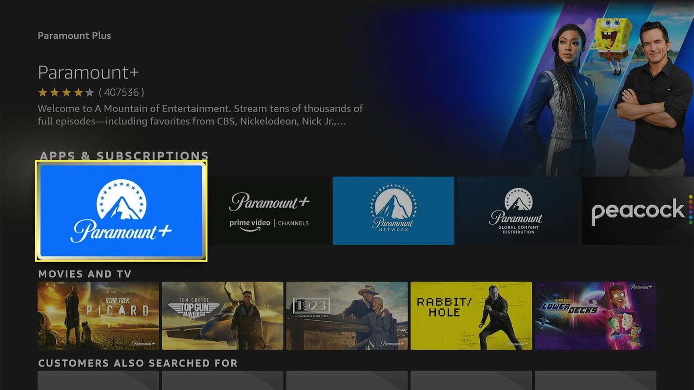 Paramount+ zvýraznený vo výsledkoch vyhľadávania Fire TV Stick.