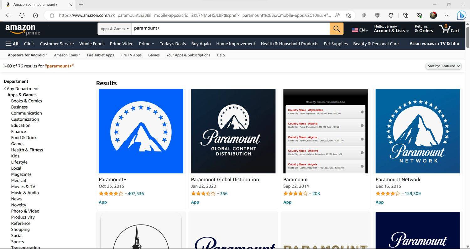 Paramount+ zvýrazněný ve výsledcích vyhledávání Amazon Appstore.