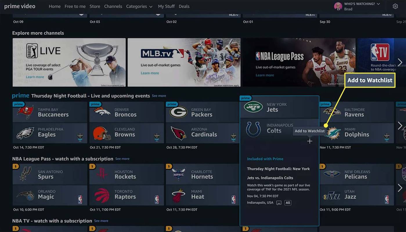 Página de esportes da Amazon Prime Video NFL com a opção Adicionar à lista de observação destacada.