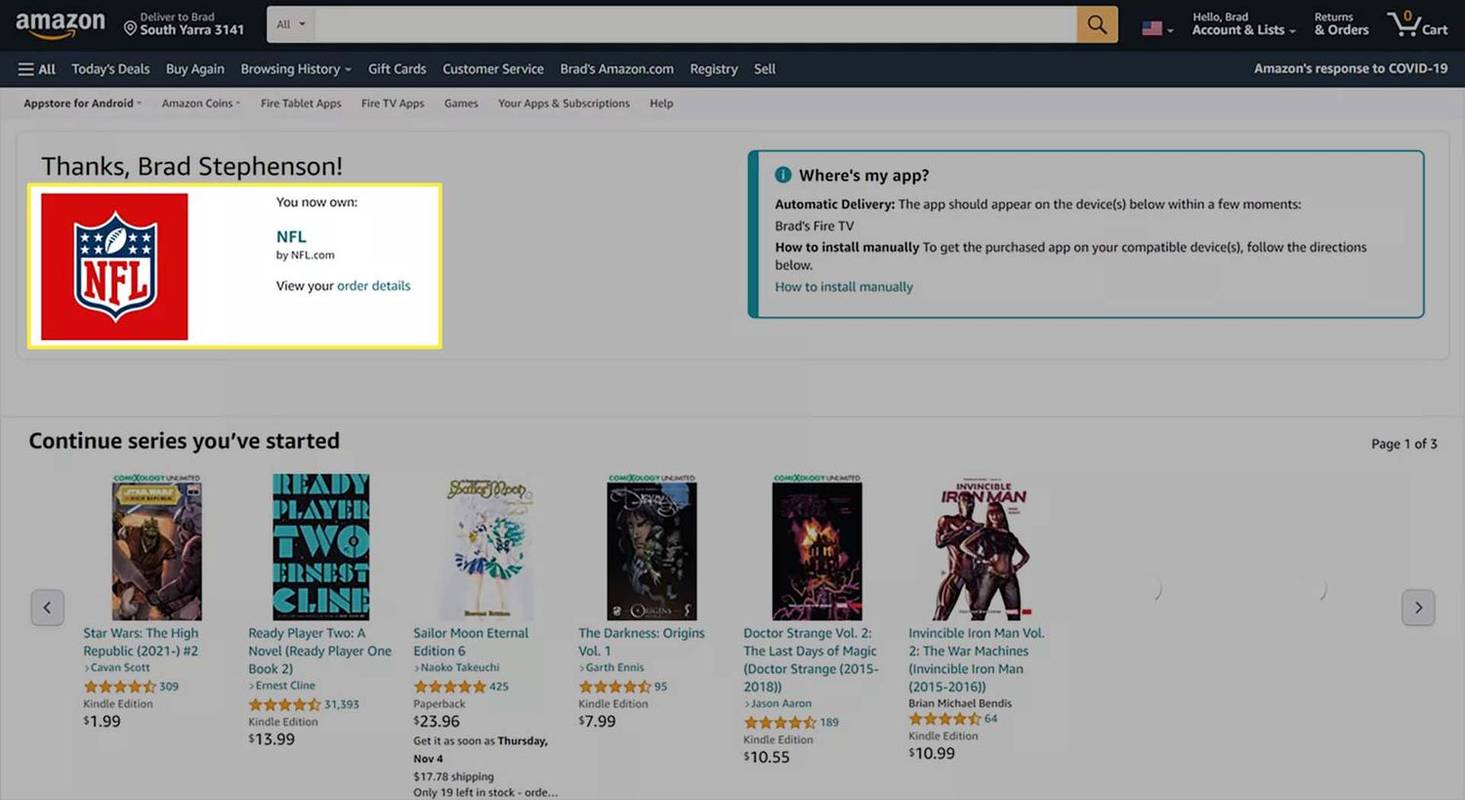 Экран подтверждения покупки приложения НФЛ на веб-сайте Amazon.