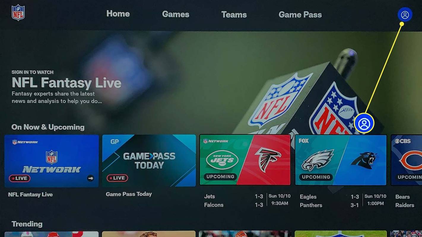 Aplikace Fire Stick NFL se zvýrazněnou ikonou profilu.