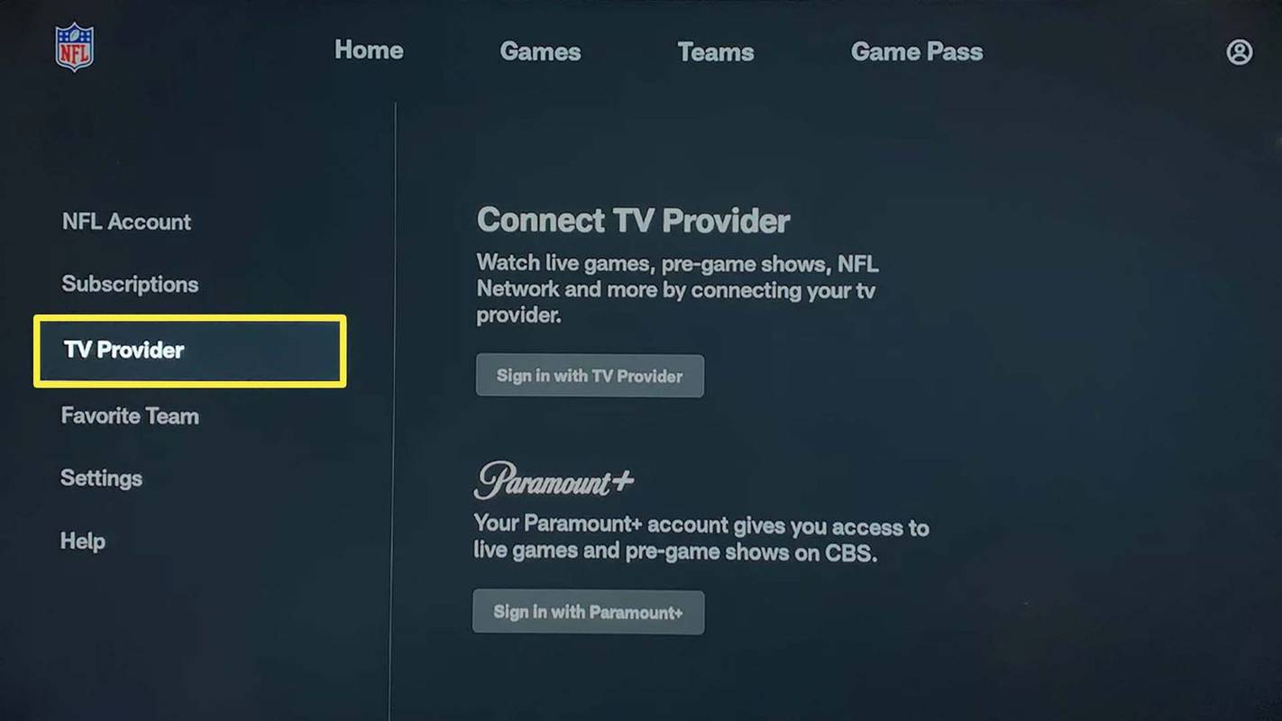 NFL Fire Stick -sovelluksen TV-palveluntarjoajan näyttö.