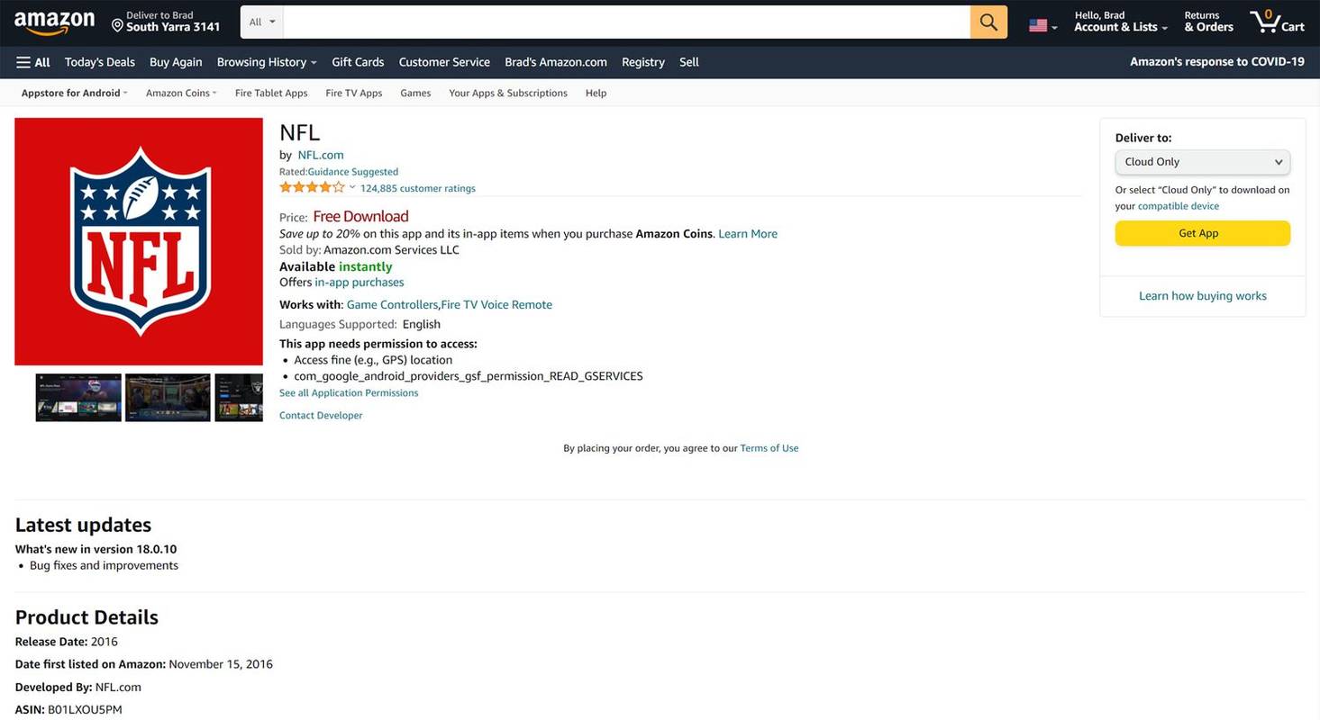 NFL Fire Stick-appen på Amazons webbplats.