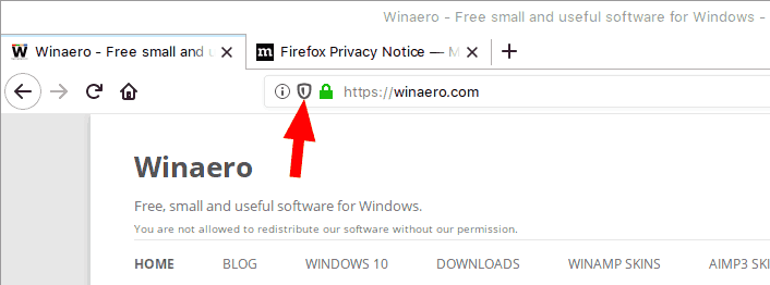 Ikona štítu na blokovanie obsahu Firefoxu