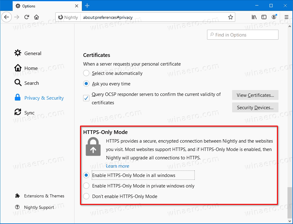 Firefox HTTPS 전용 옵션