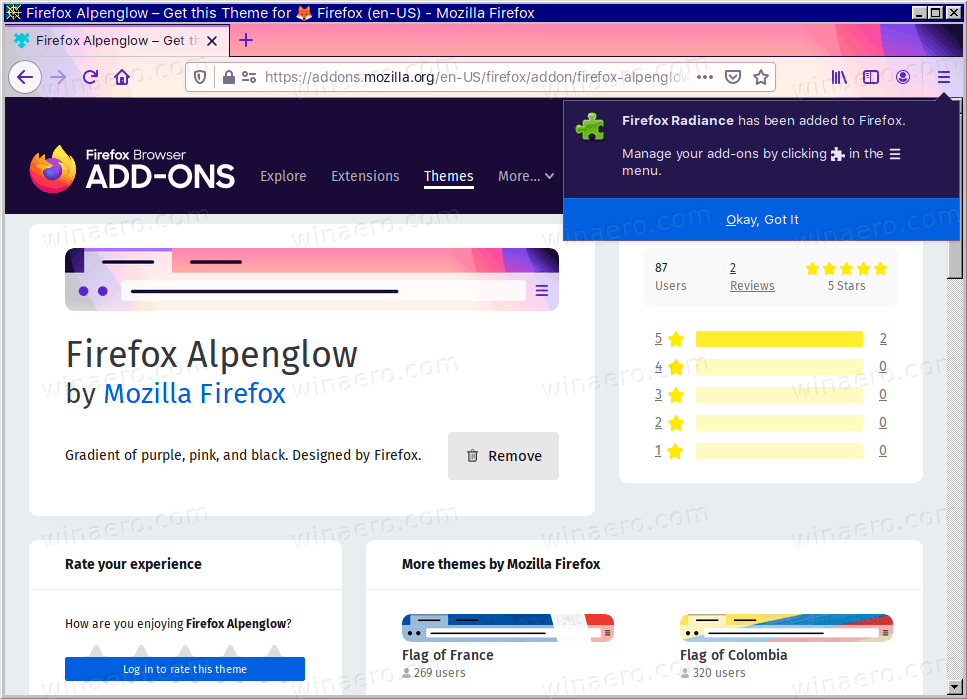 Firefoxの新しいAlpenGlowテーマの放射輝度