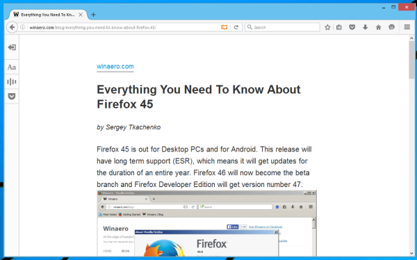 Tampilan pembaca Firefox 48 menarasikan beraksi