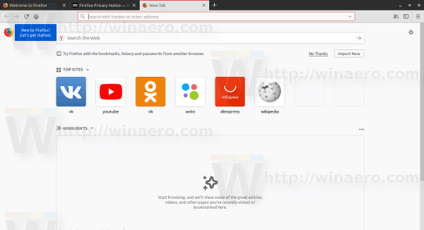 Page Nouvel onglet Firefox 60