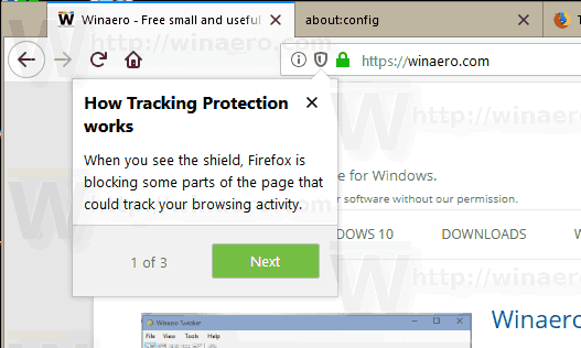 Ikona tarczy z włączoną ochroną przed śledzeniem programu Firefox 62
