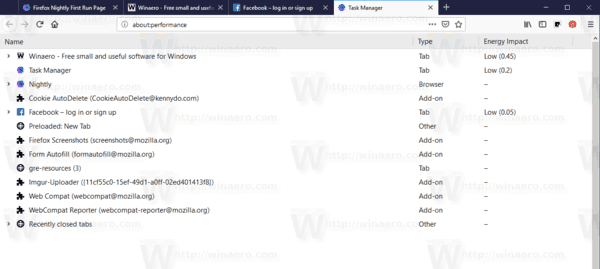 Menedżer zadań przeglądarki Firefox 64