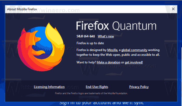 „Firefox 58“ logotipo reklamjuostė