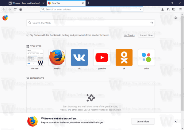 Firefox 57 Åbn ny fane