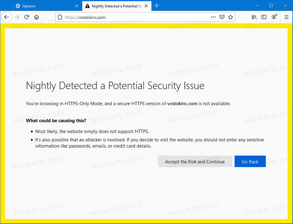 Brīdinājums tikai par pārlūkošanas režīmu Firefox HTTPS