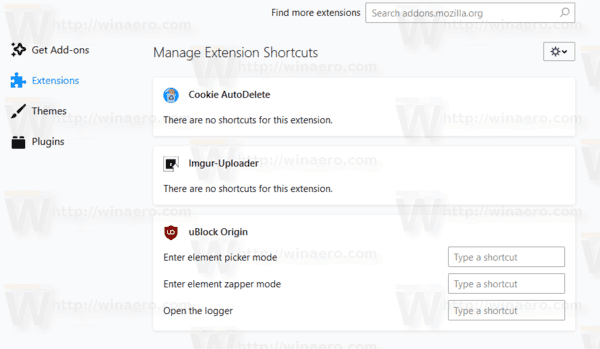 Firefox Add Ons-tangentbordsgenvägsida