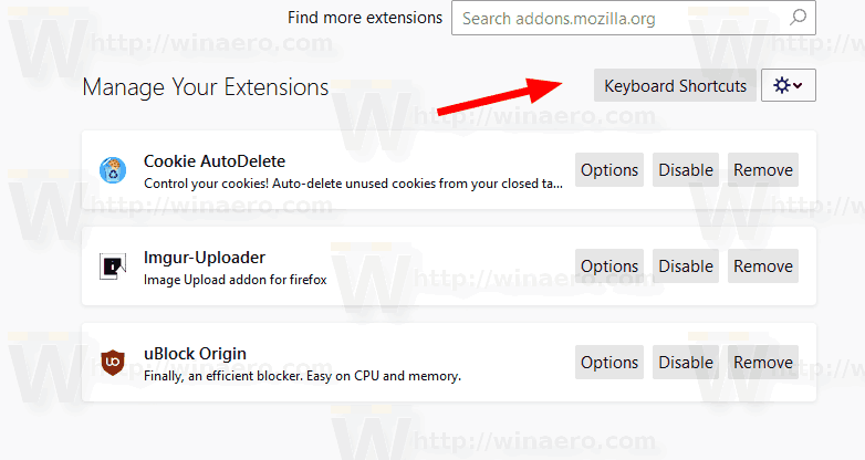 Pagina delle scorciatoie da tastiera di Firefox Add Ons Manager