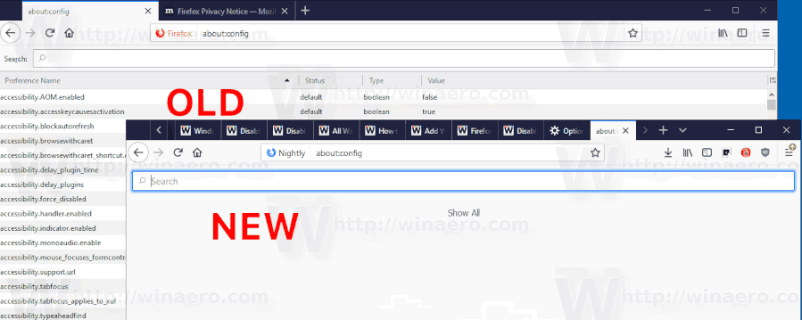 Firefox Nové: Konfiguračná stránka